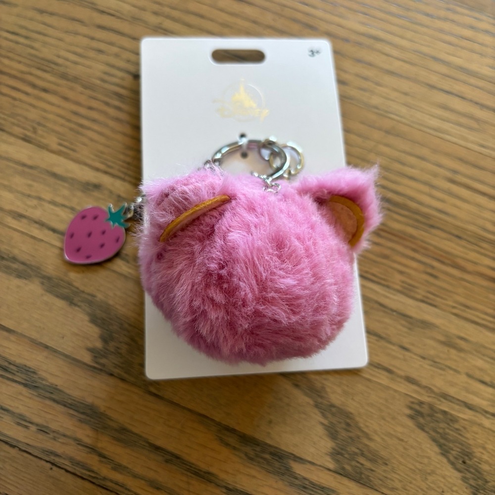 Disney Pixar Toy Story Lotso Bear Pink Fuzzy Pom Pom Keychain Strawberry Charm